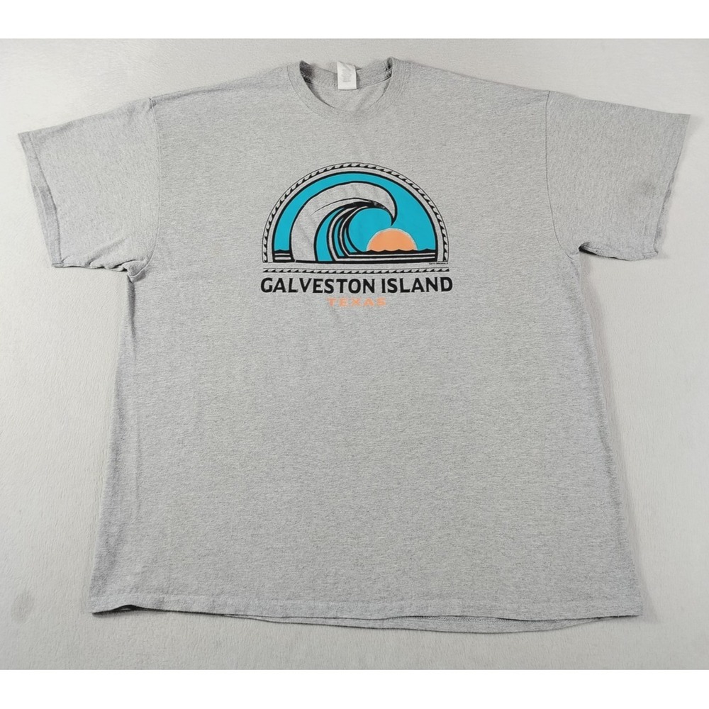 Gildan Galveston Island Shirt Mens 2XL Gray Texas Wave Graphic Tee Beach Travel